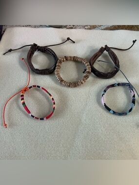 Set of 5 Boho Adjustable Bracelets - Brown Leather & Colorful Woven